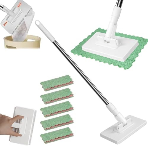 Disposables Dust Mop,Hands-Free Mini Mop with 5 Reusable Cloths,Lazy Mop,Mini Floor Mop with Automatic Cloth Changing & 360° Rotating Head,Wet and Dry Click Mops for Floor Wall Bathroom Kitchen (White