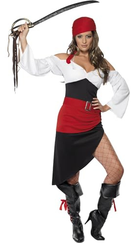 Smiffys Sassy Pirate Wench Costume with Skirt, Black Top, Belt and Headscarf, Pirate Fancy Dress, Adult Dress Up Costumes