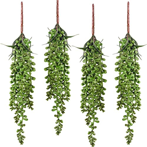 Meiliy 4 plantas suculentas artificiales, plantas suculentas colgantes, suculentas sintéticas, ramas sin maceta, cadena de perlas para el hogar, cocina, oficina, boda, jardín, manualidades, decoración