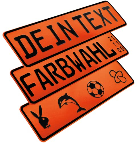 L & P Car Design FKZ 1 Stück Fun Kennzeichen 52cm x 11cm Wunschtext Bohrung Beschichtungsfarbe Individuell Wunschkennzeichen Wunschprägung Namenskennzeichen Namensschild Farbe ORANGE