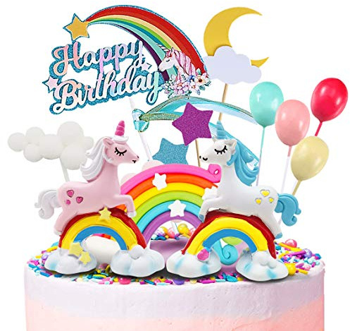 MOVINPE EinhornKuchenaufsatz 2 magische Einhörner Skulptur 1 Regenbogen 1 Happy Birthday Banner 2 Wolken 4 Ballon 12 Sterne 1 Mond Kuchendekoration für Mädchen Kinder Frauen Geburtstagsparty