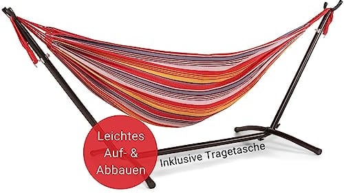 WOMA Hängematte für 2 Personen mit Gestell in Bunt für bis zu 180 kg I Wetterfeste Doppelhängematte Indoor & Outdoor I Stabile Hängematte XXL aus Baumwolle für Balkon & Garten