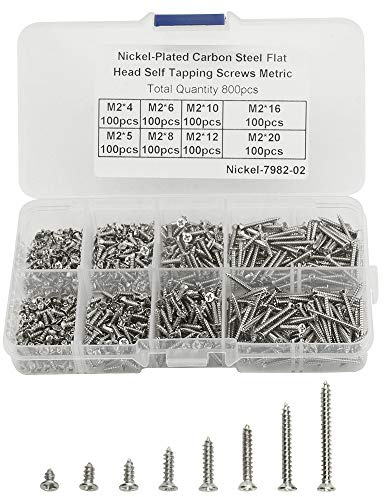 BGTXINGI 800PCS 8 Kinds M2 Nickel-Plate Flat Head Self Tapping Screw Stainless Sheet Wood Screw Assortment Kit Collected in A Convenient Case