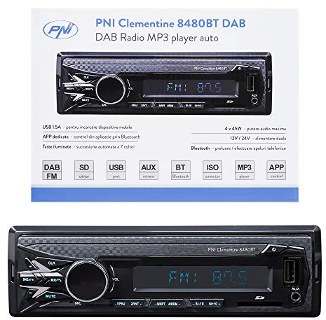 DAB Autoradio Lettore MP3 per auto PNI Clementine 8480BT 4x45w, 12 / 24V, 1 DIN, con SD, USB, AUX, RCA, Bluetooth e USB 1.5A per la ricarica del telefono