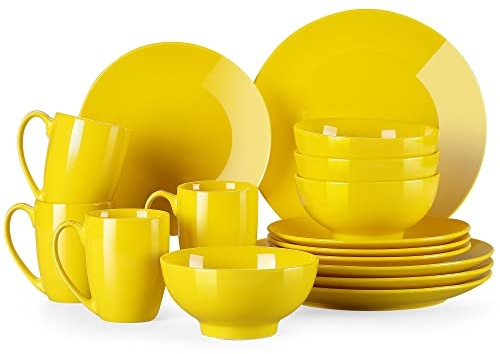 Lovecasa 'Sweet' Series, Porcelain Dinner Service, 16-Piece Combination Tableware, Yellow Dinnerware Set for 4 People | Dinner Plates, Cups, Dessert Plates & Bowls