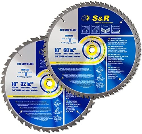S&R Hochleistungs Kreissägeblatt für Holz, 2 tlg Set, 255 X 1.8/2.6 X 15.88 mm, 32T und 60T, ATB Zahnung, TCT Hartmetall Sägeblätter, für alle Holzarten und Holzprodukte