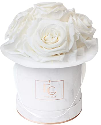 EG EMMIE GRAY Splendid Infinity ROSEBOX | Marble Rosegold | XS | Round - Infinity Rosen mit langjähriger Haltbarkeit, Edle Premiumrosen arrangiert in Einer Marmorbox, Haltbare Rosen (Pure White)