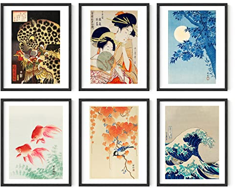 Haus and Hues Asian Art Prints Japanische Kunst-Wanddekoration, Set mit 6 japanischen Wandkunst, japanische Poster und japanische Gemälde, japanische Bilder für die Wand (schwarzer Rahmen, 28x35 cm)
