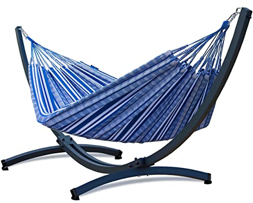 Potenza Outdoor Hängematte mit Verzinkter Tytan Gestell für 2 Personen I 100% Baumwolle Pereira - Doppelhängematte 230x160 cm, 200kg I Hängemattengestell 370cm- Länge, wetterfest (Gestell Graphit)