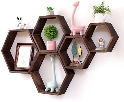 WONFUlity Sechseckige Wandregale Wabenförmige Regale Wandmontierte Holzregale im Landhausstil Wand-Aufbewahrungsregal für Badezimmer, Küche, Schlafzimmer, Wohnzimmer,Flur, Büro, Dekor- Wanddekoration