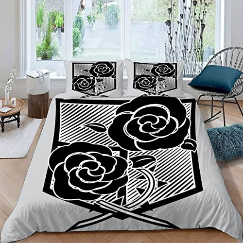 AOLIGL Bettwäsche Set 135x200 cm Anime Bettwäsche Kinder Mädchen Teens Hypoallergen 3 Stück Bettwäsche Rose Schwarz Und Weiß Mikrofaser Bettbezug mit Reißverschluss