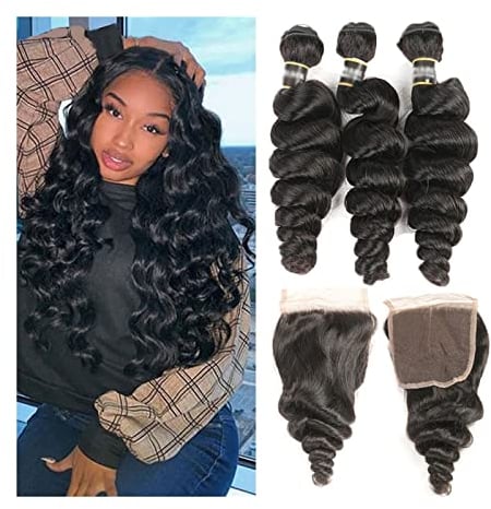Human Hair Bundles Brasilianisches Haar Lose Welle 3 Bündel mit Spitzenverschluss 4x4 Freies Teil Jungfrau Menschliches Haar Remy Lose lockige Haarverlängerungen Natürliche Farbe Haarteil Extensions