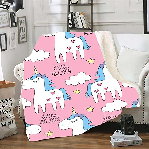 Kuscheldecke Rosa Einhorn Weiß Decke Flanell Lammwolle Fleecedecke Doppelseitiges Design Fleecedecke Flauschig Decken Blanket Sofadecke Pflegeleicht Felldecke Wolldecken für Couch 180x220cm