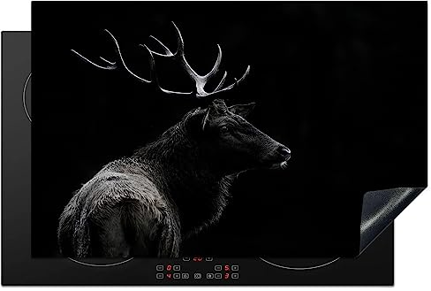 MuchoWow Herdabdeckplatte Ceranfeld Spritzschutz Küche Hirsch - Schwarz - Porträt - Geweih - Tiere 81x52 cm Induktionsherd Abdeckung Induktionskochfeld Ceranfeldabdeckung