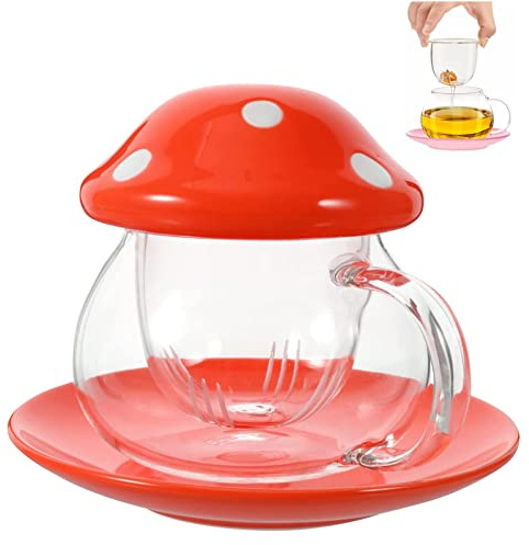 Mushroom Cup, Pilz Tasse Mit Deckel, Mushroom Mug, Pilz Glas, Glass Cup With Lid, Mit Untersetzer. Tassendeckel. Teesieb, 290ml (Orange.)
