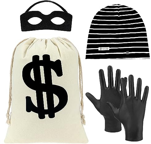 BTHRORO 4 Teiliges Räuber Kostüm Set Kinder, Dollar Geldbeutel Banditen Augenmaske Strickmütze Handschuhe für Kinder Bankräuber Cosplay Piraten Dieb Einbrecher Thema Party