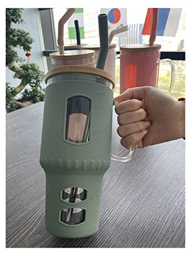 Bicchieri in vetro con coperchio in bambù e cannuccia riutilizzabile, eleganti bicchieri con manico, perfetti per caffè freddo, tazza da vino e altro