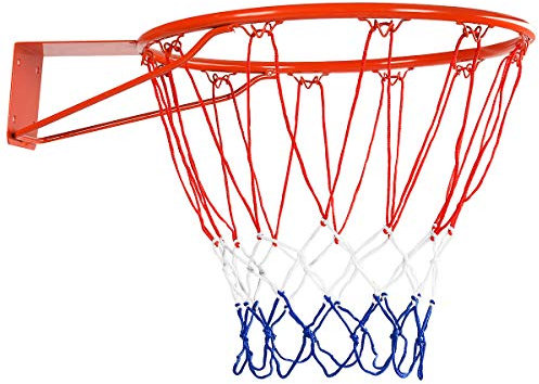 GYMAX Wall Mounted Basketball Hoop, Indoor Outdoor Basketball Rim Replacement with Net, Double Spring and Fixtures, Heavy-Duty Professorial Basketball Ring Goal for Kids Adults (Red, Nylon Net)