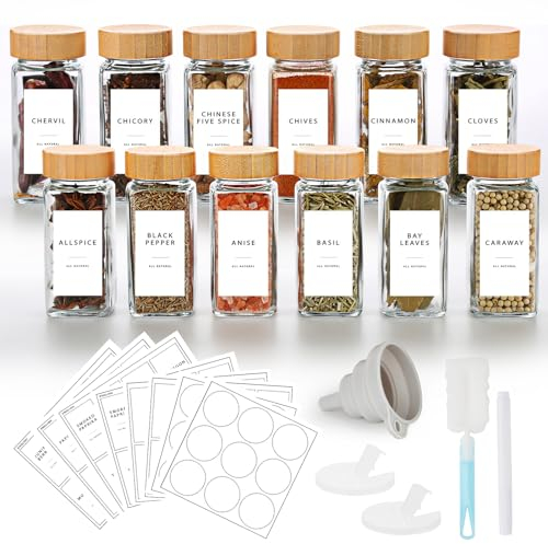 Vmglgig 12 Spice Jar, 120ml Kitchen Glass Spice Jars with Bamboo Lids,Spice Bottles for Home Kitchen Spice, Spice Containers with 246 Label, Pen, Hose Brush, Silicone Funnels (12)