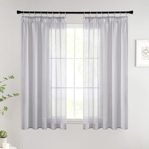 Woaboy Gardinen mit Kräuselband Kurz Voile 2er Set 140x145 cm Grau | Vorhänge Wohnzimmer Transparent Sheer Curtains Stores Gardine Schlafzimmer Modern Schlaufengardinen