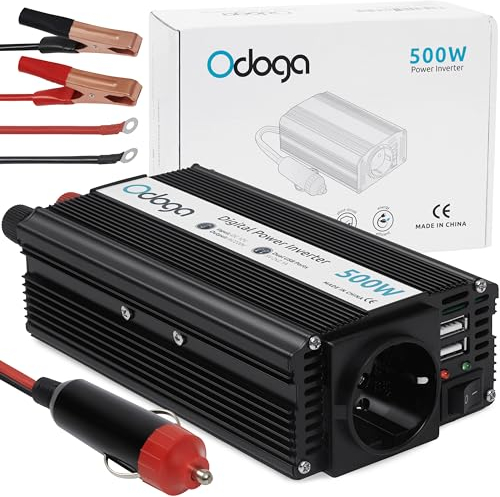 Odoga Wechselrichter 12V auf 230V – 500W Spannungswandler, Stromwandler mit 4,2A-Dual-USB-Anschluss, Inverter 12V 220V, Auto Steckdose – Laden Sie Ihr Laptop, iPad, iPhone, Tablet Und Mehr