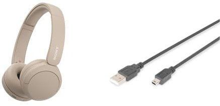 Sony WH-CH520 Wireless Bluetooth Headphones - up to 50 Hours Battery Life with Quick Charge, On-ear style - Beige & DIGITUS 1m USB 2.0 A Male - Mini B Male Connection Cable Length - Black