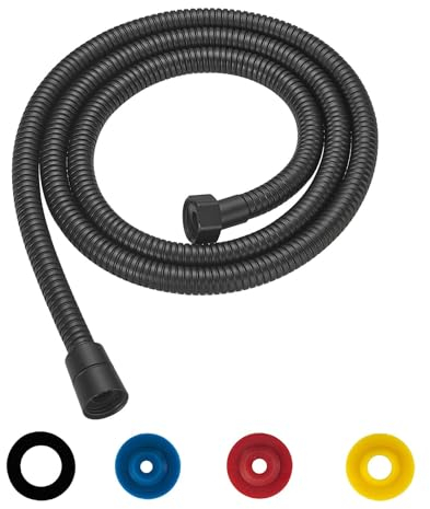 Edelstahl Brauseschlauch 1,5m, Duschschlauch Verdrehschutz Universal Duschschlauch Flexibel, mit 4 Wassersparer Durchflussbegrenzer, Standard 1/2 Anschluss, Druckbeständig, Hitzebeständig, Schwarz