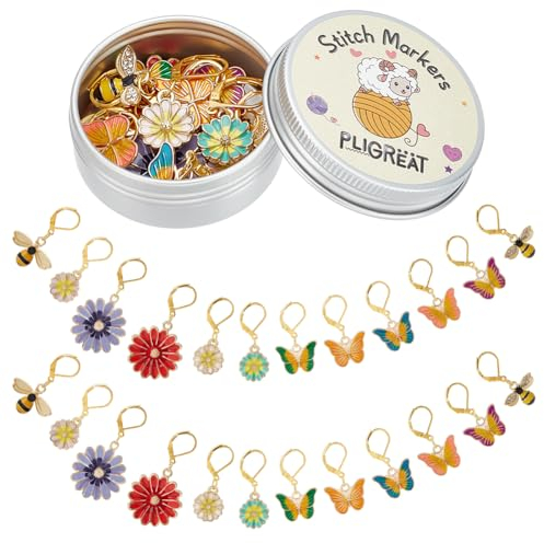 PLIGREAT 24 Stück Blumen Biene Schmetterling Anhänger Maschenmarkierer Buntes Metall Häkelmaschenmarkierer für häkeln Mama Oma Weben Nähwerkzeuge DIY Schmuck Herstellung Zubehör