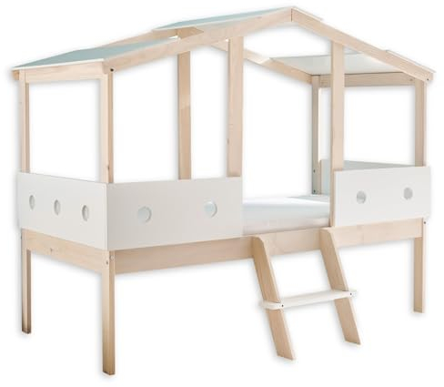 Stella Trading CORTINO Hausbett 90 x 200 cm - Funktionales Kinderbett in Weiß, Kiefer massiv - 131 x 165 x 216 cm (B/H/T)