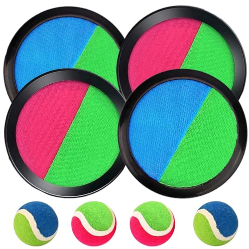 Klettballspiel Klettball Set mit 4 Fangscheiben 4 Bälle, Klettballspiel für Kinder ab 3 4 5 6, Ballspiele für Draußen Kinder für Wurf Spiel und Fangspiel für Party, Garten, Innen und Außen Klettball