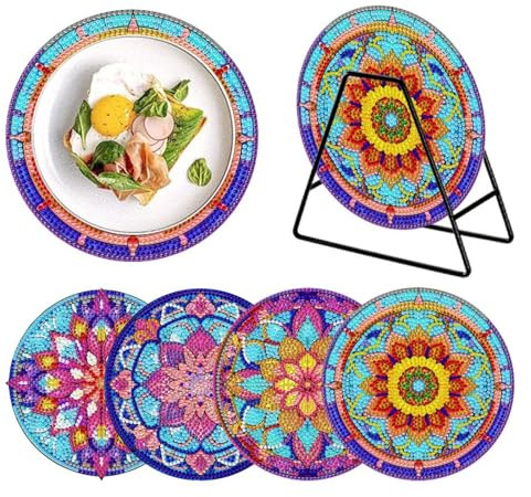 Generisch 4 Stück Diamond Painting Geschirrmatte Platzset, Holz Wärmedämmungs-Tischset, Anti-Rutsch Diamant Malerei Tischsets Runde mit Aufbewahrungsregal für Esszimmer, Tisch, Küche (15-Mandala)