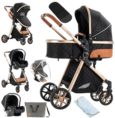 NADDLILY Passeggino Trio, Passeggino 3 in 1 con Spinta Reversibile a Due Vie, Trio Passeggino Neonati con Accessori, Carrozzina per Neonati con Design Portatile Pieghevole Un Clic (V9 Black)