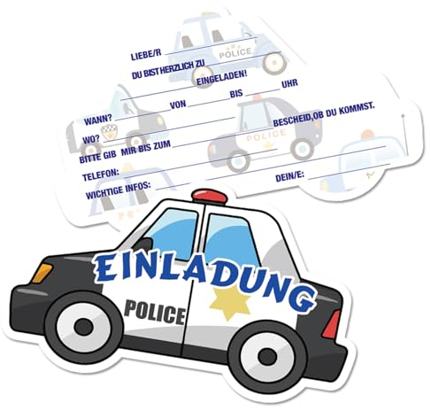 Werfunee - 12er Einladungskarten Kindergeburtstag Junge - 13 x 8 cm Polizeiauto Einladungskarten Geburtstag - Einladung Kindergeburtstag Junge - Geburtstagseinladungen Junge