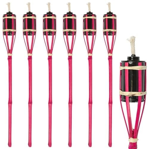 Harbour Housewares Bamboo Fire Torches - 60cm - Pink - 6X Garden Lighting Traditional Tiki Torches Outdoor Paraffin Oil Lamp Candle Flame Lantern with Removable Screw Top