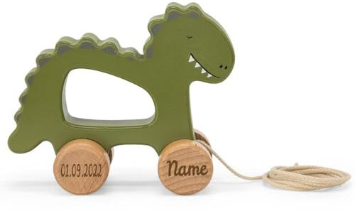 Trixie Nachziehtier Holz PERSONALISIERT mit Name und Datum graviert Motorikspielzeug Schiebetier Dino