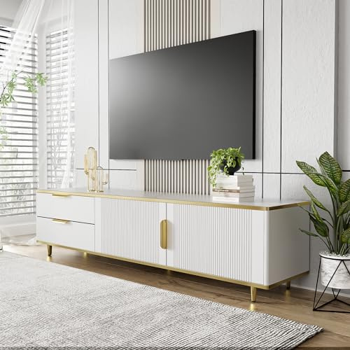 Ctastay Mobile TV, Mobile Contenitore 175 cm x 40 cm x 45cm, Mobile TV contro Il Muro, Mobile Basso Lungo, Maniglie e Gambe Dorate, Mobili da Salotto con Struttura In Marmo. (Bianco)