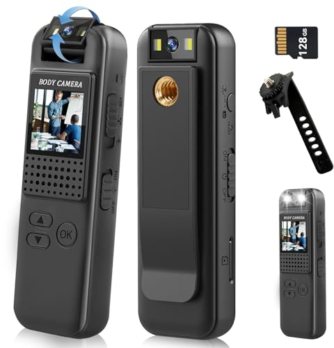 Hersance Bodycam, cámara corporal con grabación de audio y vídeo con tarjeta de memoria de 128 GB, gran angular 1080P con clip posterior, detección de movimiento de visión nocturna para grabación