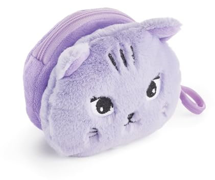 Back2Fun - Porte-monnaie en peluche, Taille 95 x 95 x 60 mm, Tirette en métal, Fermeture éclair, Porte-monnaie avec porte-clés, Matériau polyester effet peluche, Détails brodés, Design chat