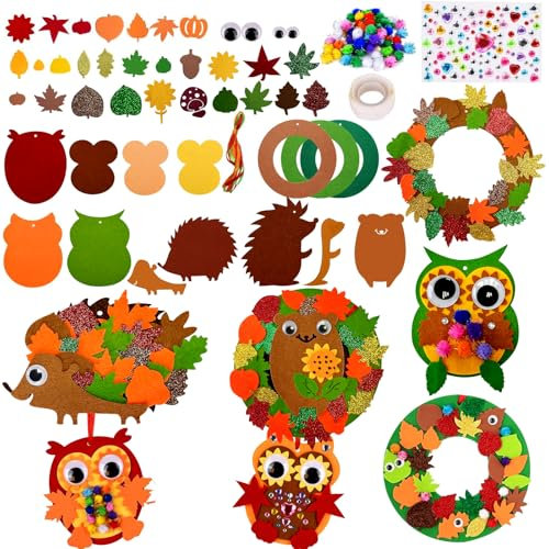 YumSur Herbst Kränze Bastelset,Herbst Basteln Kinder,Erntedankfest Basteln,Moosgummi Bastelset Kinder Herbst,Igel Bastelset für Kinder,Filz Bastelset,Moosgummi Sticker Herbst,Erntedankfest Kranz
