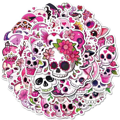 50pcs Schädel Aufkleber Set, Tag der Toten Vinyl Stickers Gothic Holographic Sticker Totenkopf Aufkleber für Fahrrad Koffer Helm Laptop Skateboard Auto Motorrad Graffiti Wasserflasche