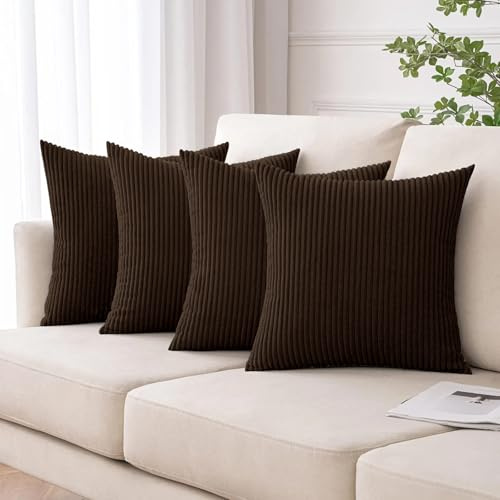 Moonlight Bedding Corduroy Cushions with Covers included Coffee Pack of 4 (4 covers, 4 inserts) 45 x 45 cm Decorative Stripe Throw Pillow Cases with Invisible Zipper for Living Room Bed Sofa