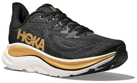 HOKA Mens Clifton 10, Black/Gold, 8 UK