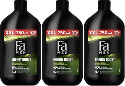 FA Duschgel MEN Sport Energy Boost (3x 750 ml), 3in1 Duschgel für Körper, Gesicht und Haar mit stimulierendem Duft nach Guarana & Ginseng