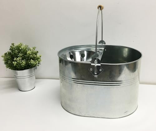 Galvanized Steel Metal Mop Bucket 13L litres Large Industrial Galvanised Reinforced Heavy Duty Thick Metal Steel Mop Bucket for Home Office General Cleaning (Silver)