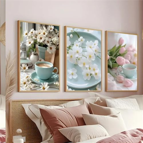 Uixxducc 3er Poster Set, Frische Frühling Sommer Bumen Bilder Tulpen Gänseblümchen Poster & Kunstdrucke Leinwand Bilder, Bilder Wohnzimmer Deko Schlafzimmer, Wandbilder Ohne Rahmen (30x40cm,ABC)