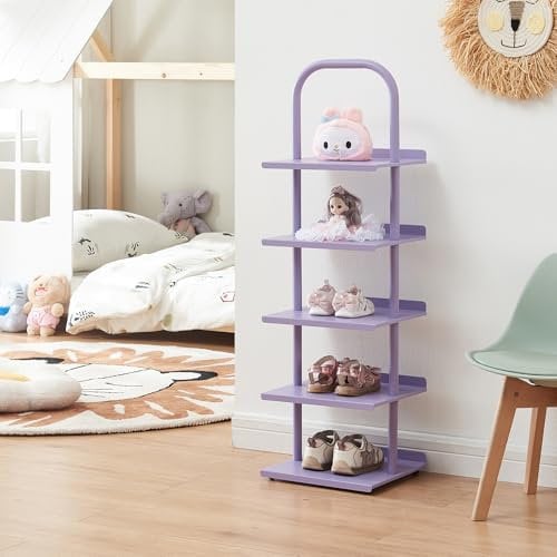 [en.casa] Schuhregal schmal für Kinder Poytya Schuhablage hoch für 5 Paare Organizer Standregal mit 5 Ebenen Metall 96 x 30 x 27 cm Lila