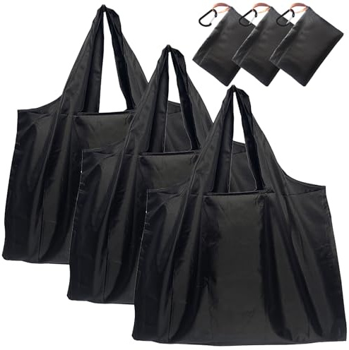 Ferizzia 3 stycken hopfällbara shoppingpåsar, levereras med 3 karbinhakar, 58 x 40 cm, återanvändbar shoppingväska, oxfordtyg, tvättbara hopfällbara tygpåsar, för shopping, resor, camping