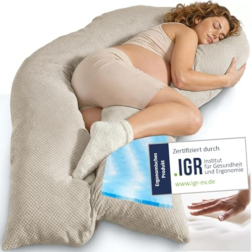 Traumreiter Schwangerschaftskissen Visco XXL langes Wendekissen Memory Foam [orthopädisch] + Watte | Schwangerschaft Kissen zum Schlafen, Stillkissen mit Bezug Leinen-farbig, Ergonomie Zertifiziert