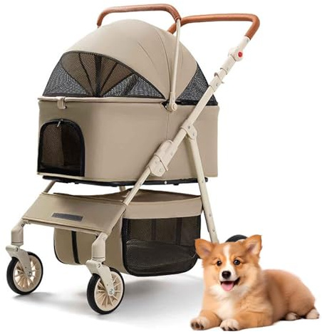 PJDDP 3 in 1 Hundewagen, Hundebuggy Gebraucht, Hunde Kinderwagen Gelände Mit Abnehmbarer Reisesitz & Aufbewahrungskorb, Haustier Kinderwagen Bis 15KG,Khaki