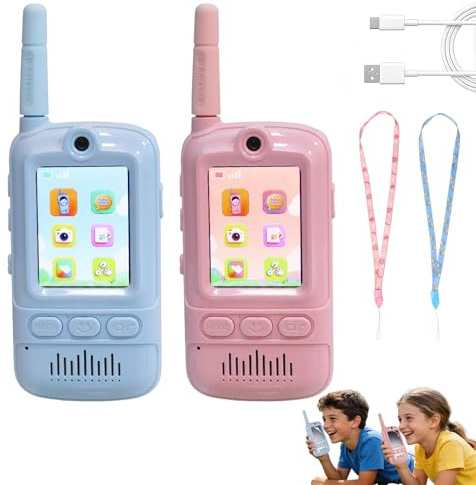 2PCS Vidéo Talkie Walkie Enfants Rechargeable, avec Conversion Vocale et Fonction Caméra HD pour Garçons Filles, Jouets de Plein Air pour Enfants de 3 à 12 Ans, Portée de 300M (Bleu + Rose)